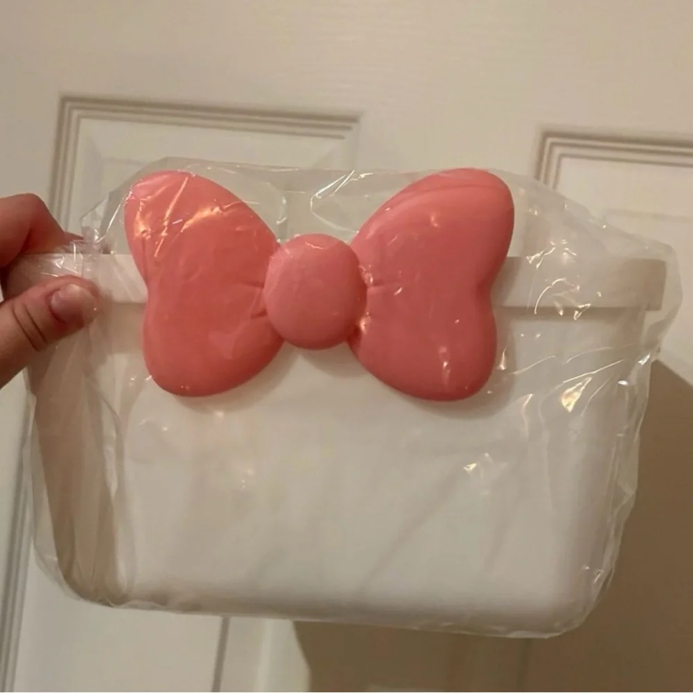 Pink Bow on White Plastic Handle Basket